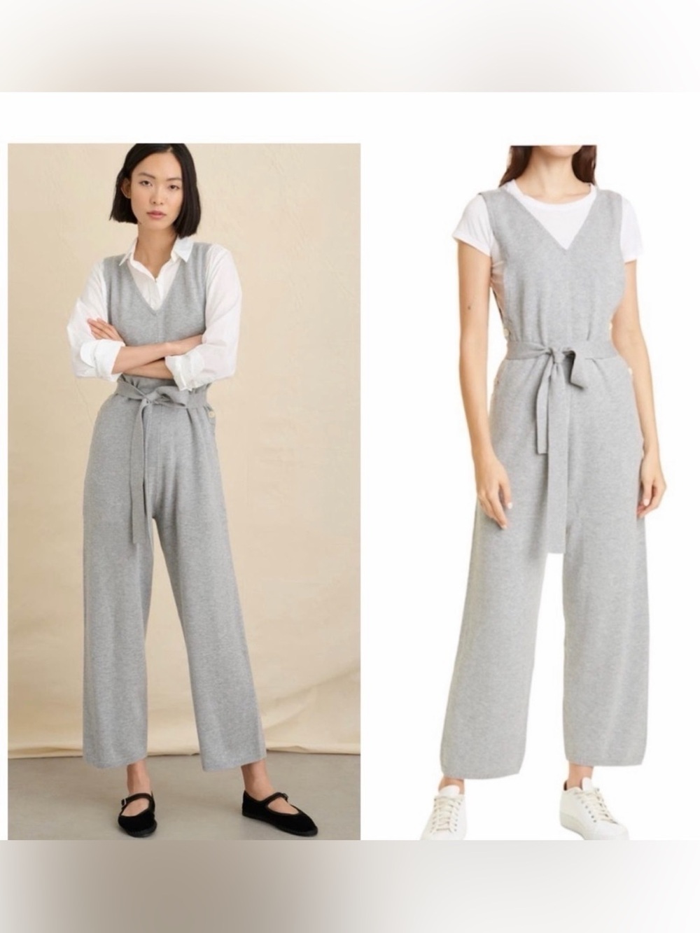 ALEX MILL | Ollie Light Gray Knit V-Neck Tie-Waist Jumpsuit